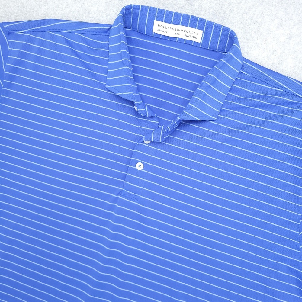 HOLDERNESS & BOURNE Tailored Fit XXL Blue Stripe Polo Shirt Performance Golf